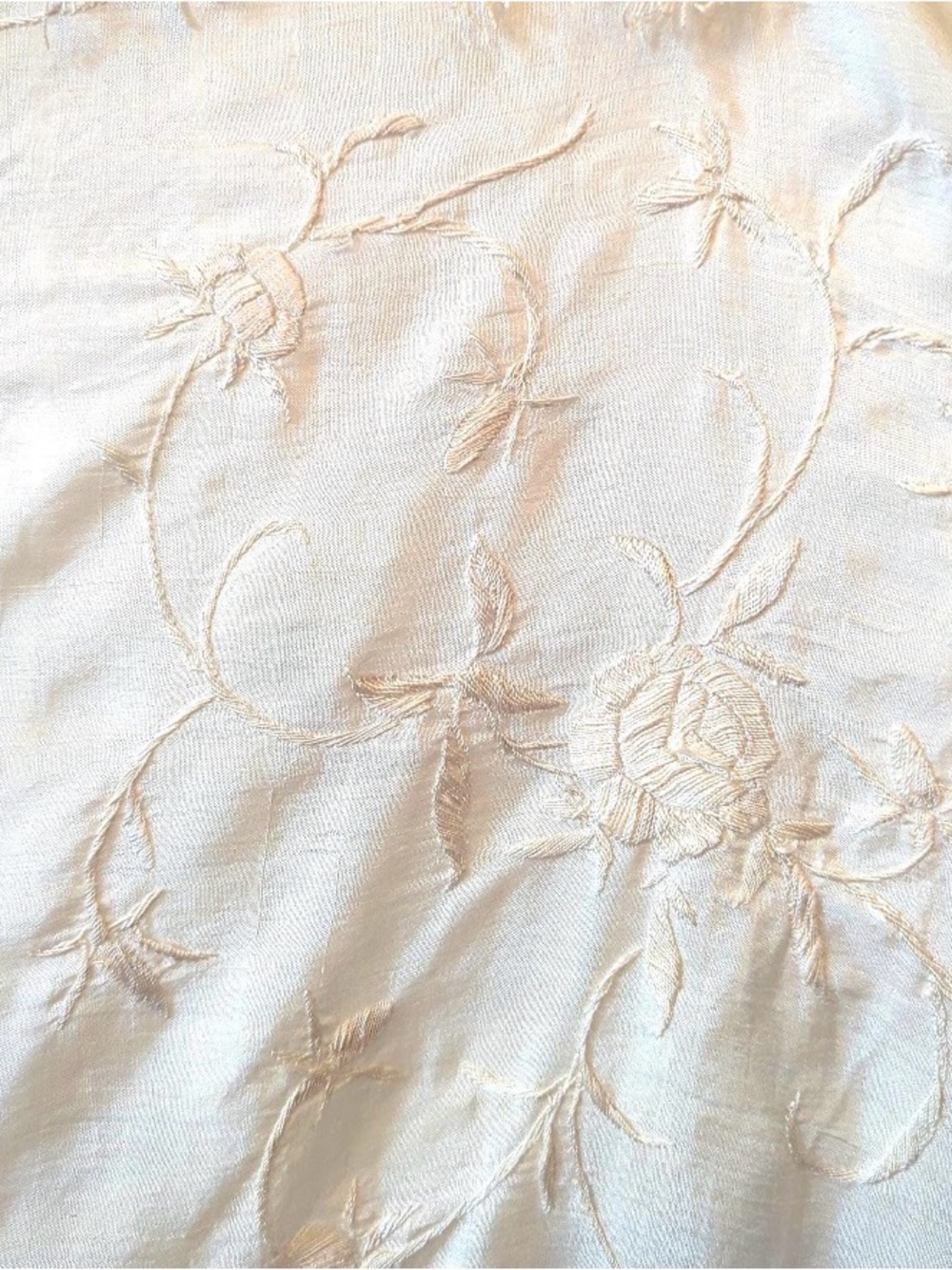 Vintage Ivory Silk Piano Shawl with Embroidered Roses & Hand-Knotted Fringe